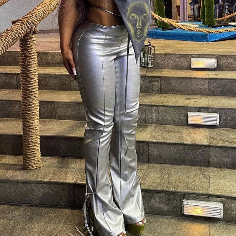 Voguable High Waist Solid Pu Leather Bandage Cut Out Pants Autumn Winter Women Fashion Streetwear Casual Flares Trousers voguable