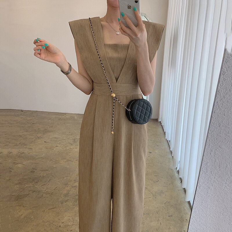 Summer Sexy Overalls for Women Sleeveless Loose Wide Leg Pants Rompers Casual Jumpsuits Vintage Office Lady Combinaison Femme voguable