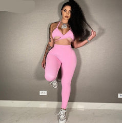 Voguable  2022 Sleeveless Halter Solid Bandage Bra Pants 2 Pieces Set Sexy Summer Women Streetwear Y2K Club Outfits Bikini voguable