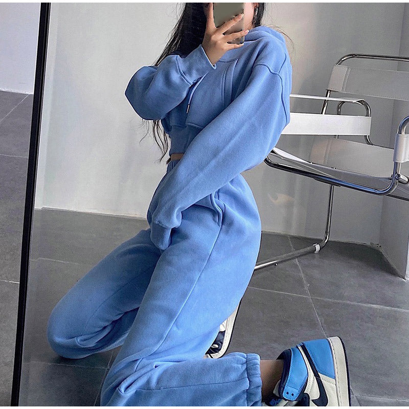 Voguable Women's Tracksuit Crop Top Hoodies Two Pieces Set High Waist Pullover Hooded Joggers Suit Female 2021 Autumn Lady Sportwear Sets voguable