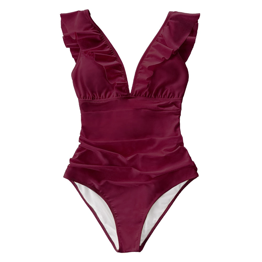 Voguable  Solid Black Ruffled One-piece Swimsuit Women Sexy Lace Up Monokini Swimwear 2022 New Girl Beach Bathing Suits voguable