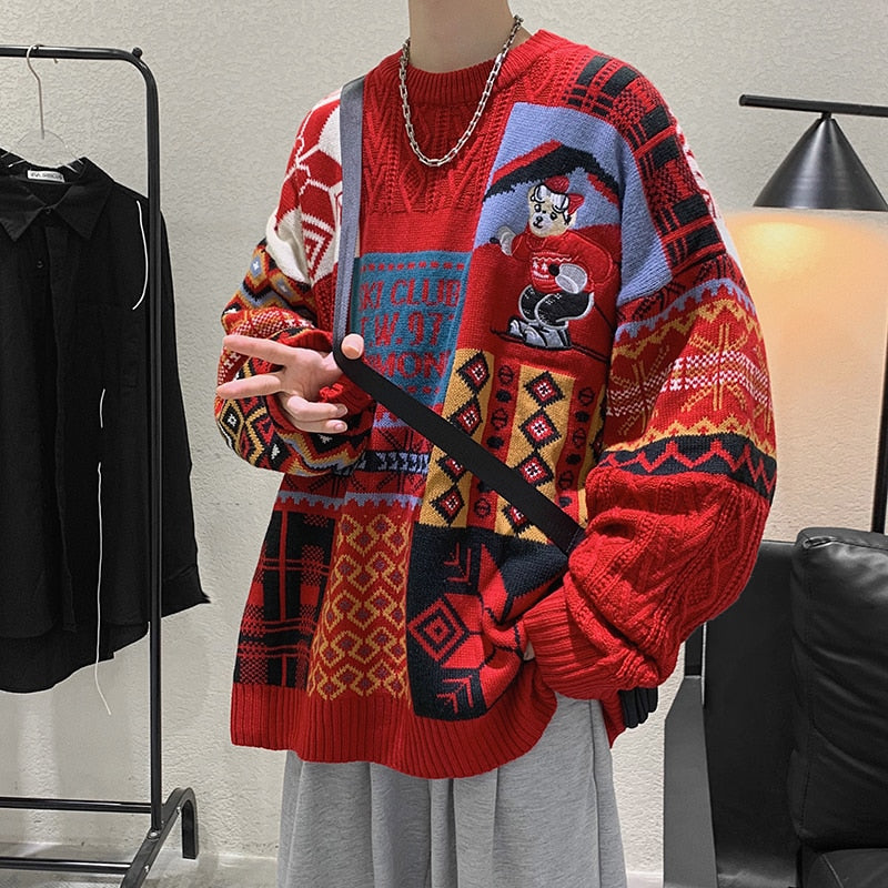 Voguable 2021 Geometry Sweater Jumper Men Korean Loose Knitted Sweater Clothing Oversize Top Couple Casual Knitting Pullovers Men voguable