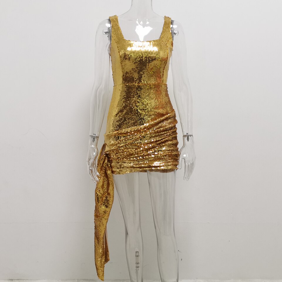 Sleeveless Square Neck Bling Gold Sequin Mini Dress with Drop Sexy High Waist Ruched Short Outfit Celebrity Party Dress voguable