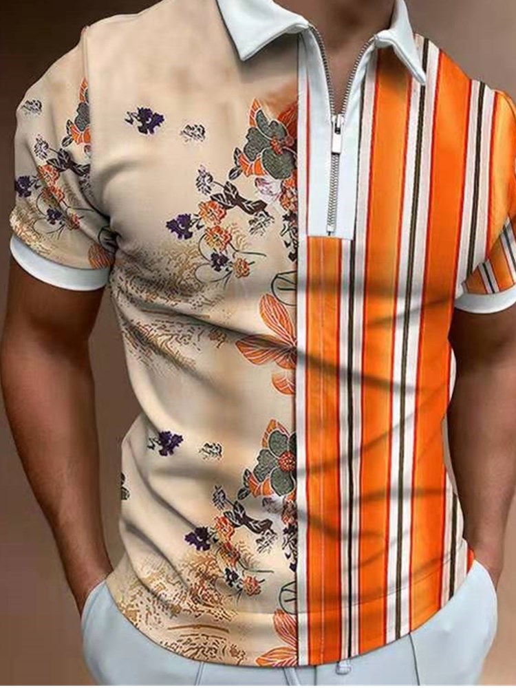 Voguable 2021Men Tshirts  Stripe Short Sleeve Polo Shirts Streetwear Mens Clothing Slim Zipper Neck Turn Down Collar Graphic T Shirt Tops voguable