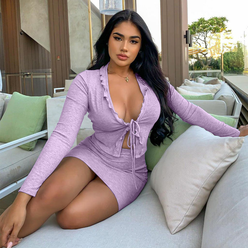 Voguable   ruffles patchwork bandage sexy cardigan skirt 2 piece set autumn winter women fashion streetwear tshirt tracksuit voguable