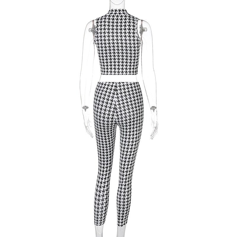 Voguable   2022 Sleeveless Houndstooth Plaid Sexy Crop Top Leggings 2 Pieces Set Summer Women Fashion Streetwear Outfits Tracksuit voguable