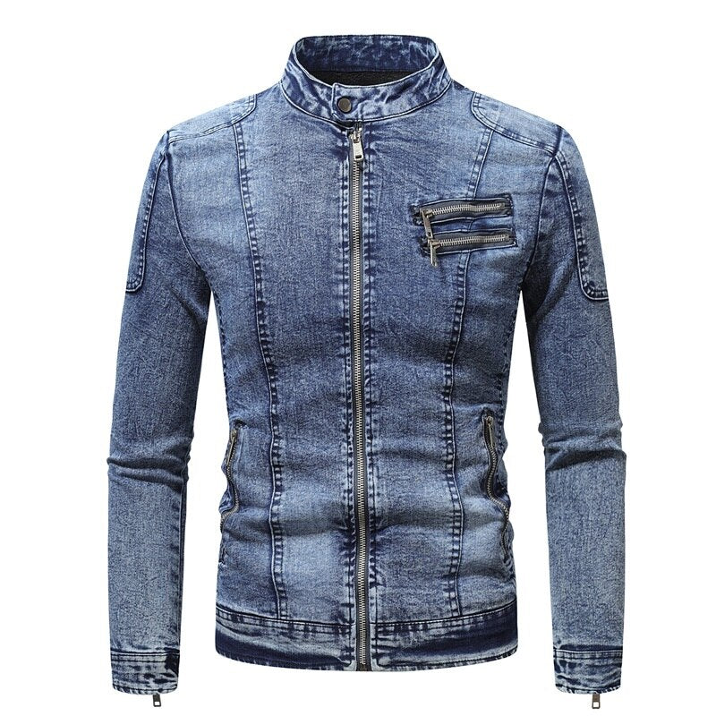 Voguable New Motorcycle Denim Jacket Men Retro Zippers Stand Collar Denim Coats Mens Cotton Slim Fit Denim Jacket Moto Biker Outerwear voguable