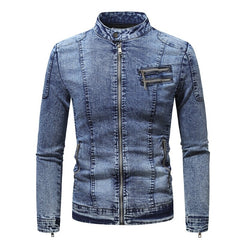 Voguable New Motorcycle Denim Jacket Men Retro Zippers Stand Collar Denim Coats Mens Cotton Slim Fit Denim Jacket Moto Biker Outerwear voguable