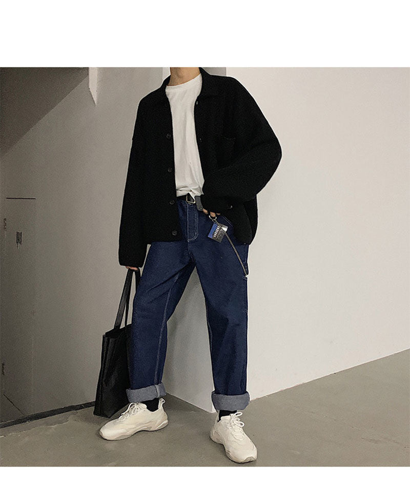 Voguable Oversize Cardigan Men Thick Ins Autumn and Winter Retro Loose Casual Button Solid Color Couple Knit Mens Cardigan Sweater Coat voguable