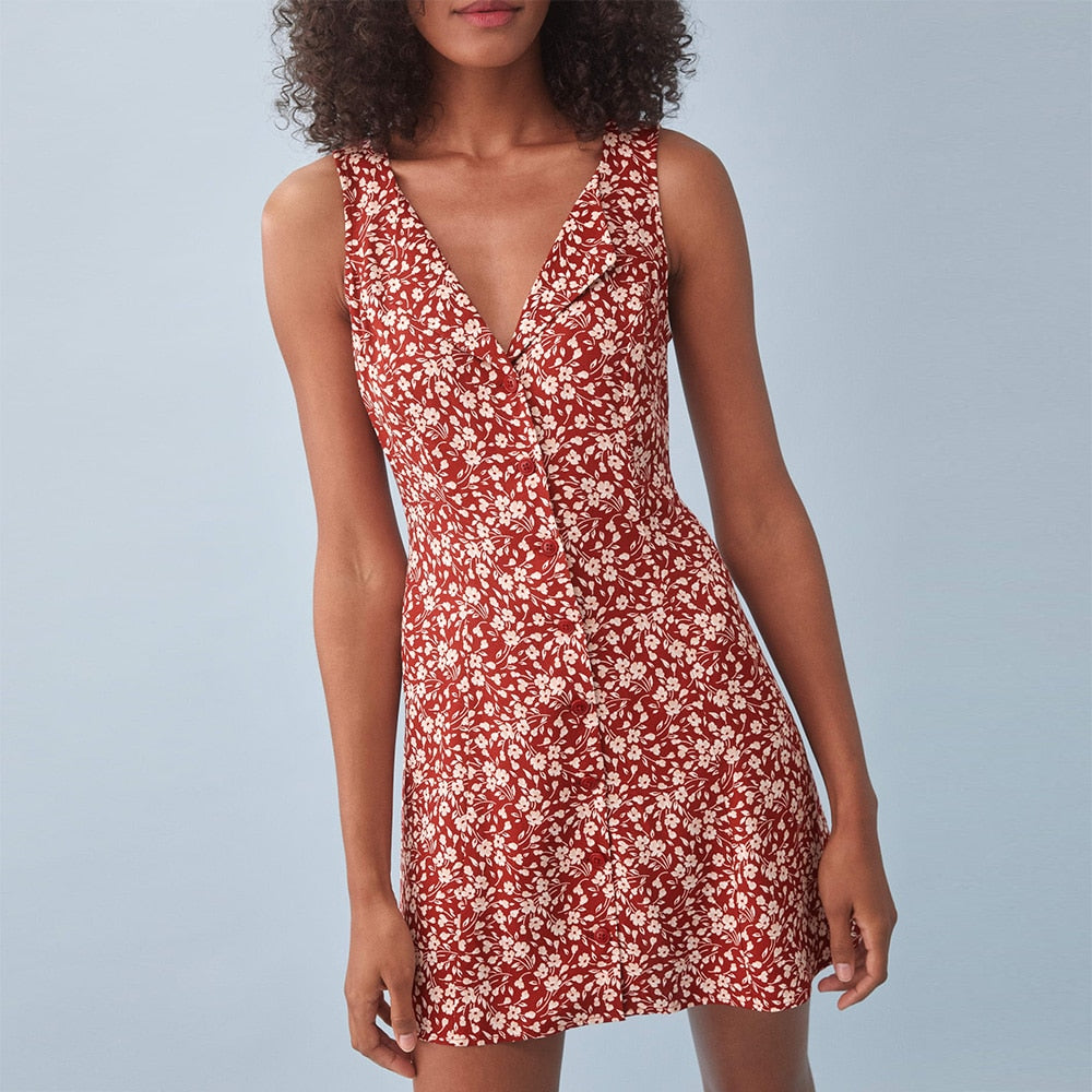 Summer Clothes For Women Elegant Vintage Floral Dress V Neck Sleeveless Button Back Waist Tie Mini Dress Vacation Beach Dress voguable