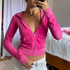 Voguable  Casual Velvet Crop Top Winter Jacket Women Green Pink Zip Up Hoodies Coats Ladies Fashion Skinny Overcoat Streetwear voguable