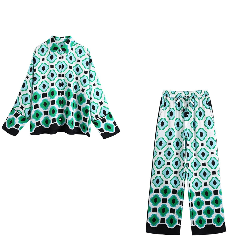 Geometric Print Vintage Women Suits Autumn Fashion Oversized Long Shirts and High Waist Wide Leg Pants Women Set voguable