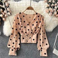 Voguable  Women Polka Dot Shirts Vintage Double Breasted Long Sleeve Slim Tops Spring Fashion Korean White Short Blouses 2022 voguable