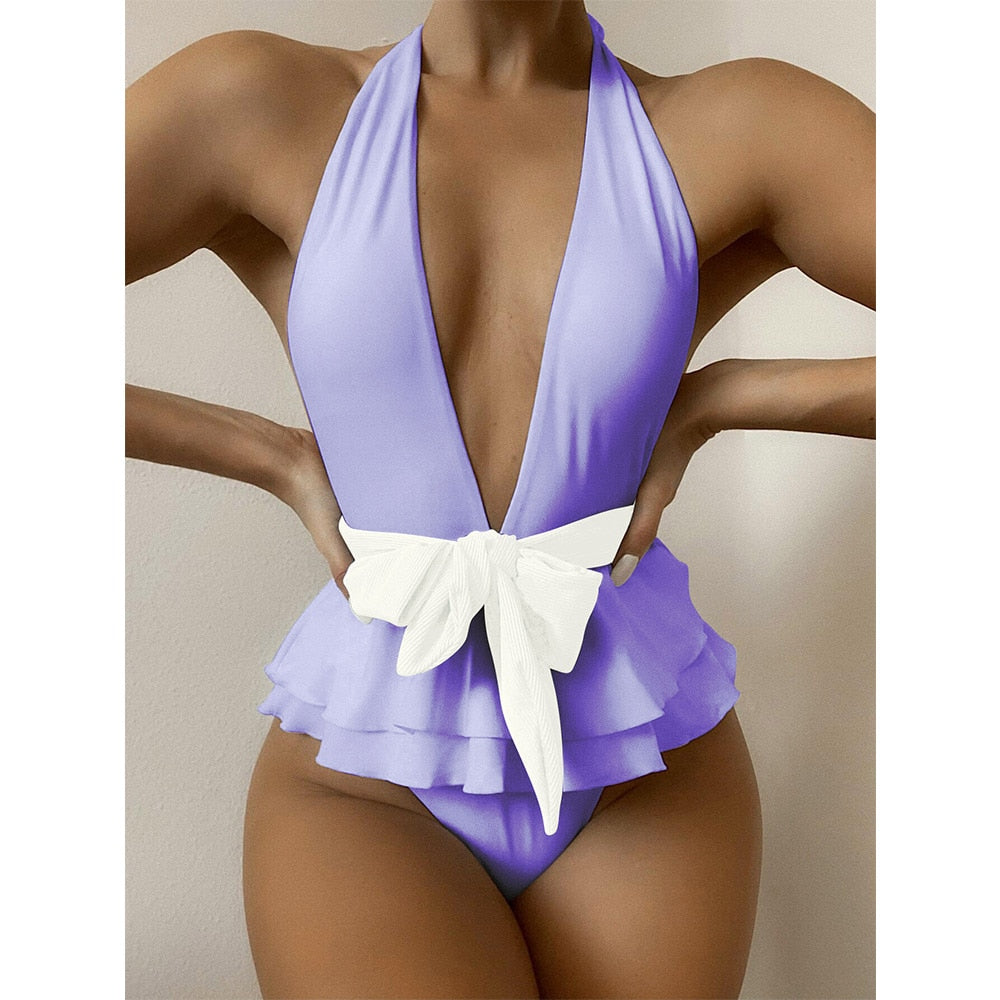 Voguable 2022 New Sexy One Piece Swimsuit Female Solid Women Swimwear Push Up Bathing Suits Bodysuits Beach wear Deep V-neck Monokini voguable