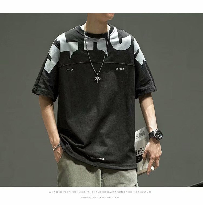 Voguable  Fashionable Street Style Oversized T Shirt Black White Men Clothing 2 Solid Color O-neck Men T Shirt Printed Letters Sportswear voguable