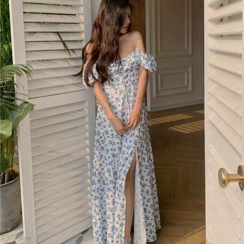 Voguable  2022 Dresses Women Side-slit French Style Print Leisure Puff Sleeve All-match Sexy Ladies Vestidos Vintage College Birthday Party New voguable