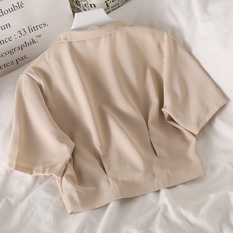 Voguable  Shirts Women Notched Crop Top Simple New Summer Ladies All-match Chic Elegant Ulzzang Harajuku Fashion Solid Chiffon Design Slim voguable