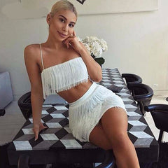 New Women Summer Tassel Dress Elegant Club Party Dress Sexy Off Shoulder Tassel Embellished Mini Fringe Dress voguable