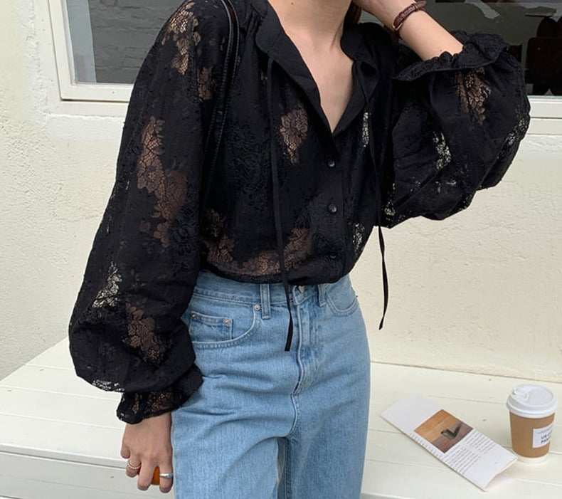 Voguable 2022 Women Blouse with Lace Lantern Long Sleeve Transparent Blouse Loose Sexy Cardigan Lace Shirt Spring Black Lace Top 10202 voguable
