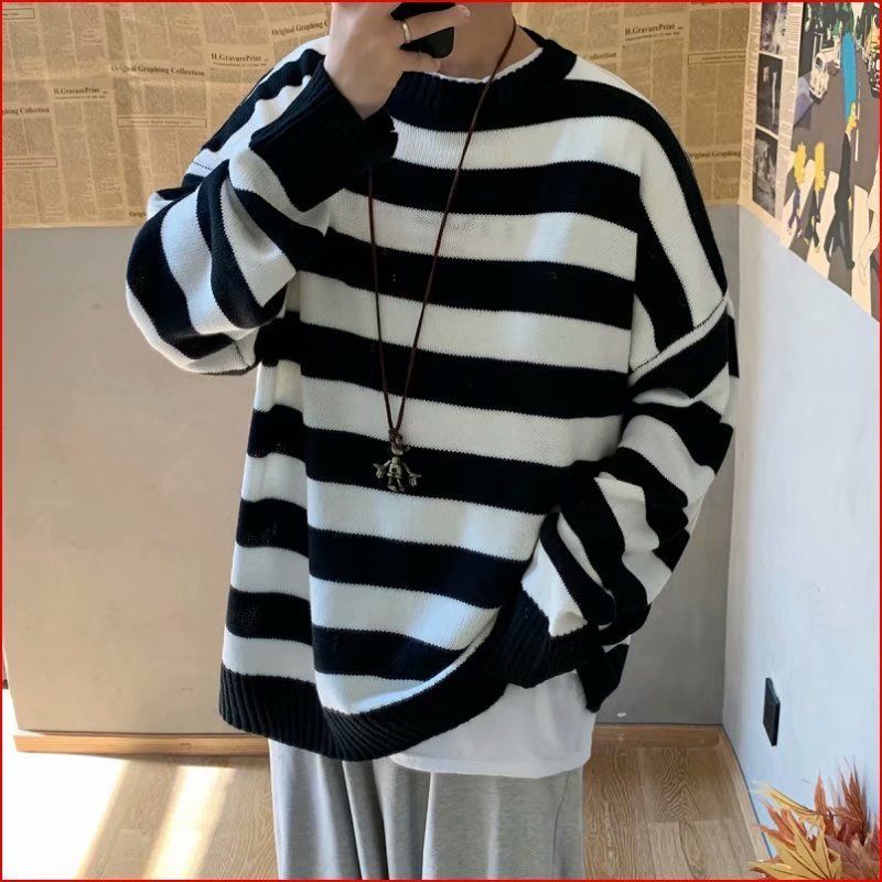 Voguable Striped sweater men women Hong Kong style Korean trend loose O-neck jerseys autumn winter grunge personality Harajuku pullover voguable