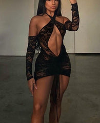 Voguable Lace Up Drawstring Ruched Women Halter Lace Mini Dress 2022 Hollow Out Backless Bodycon Sexy Streetwear See Through voguable