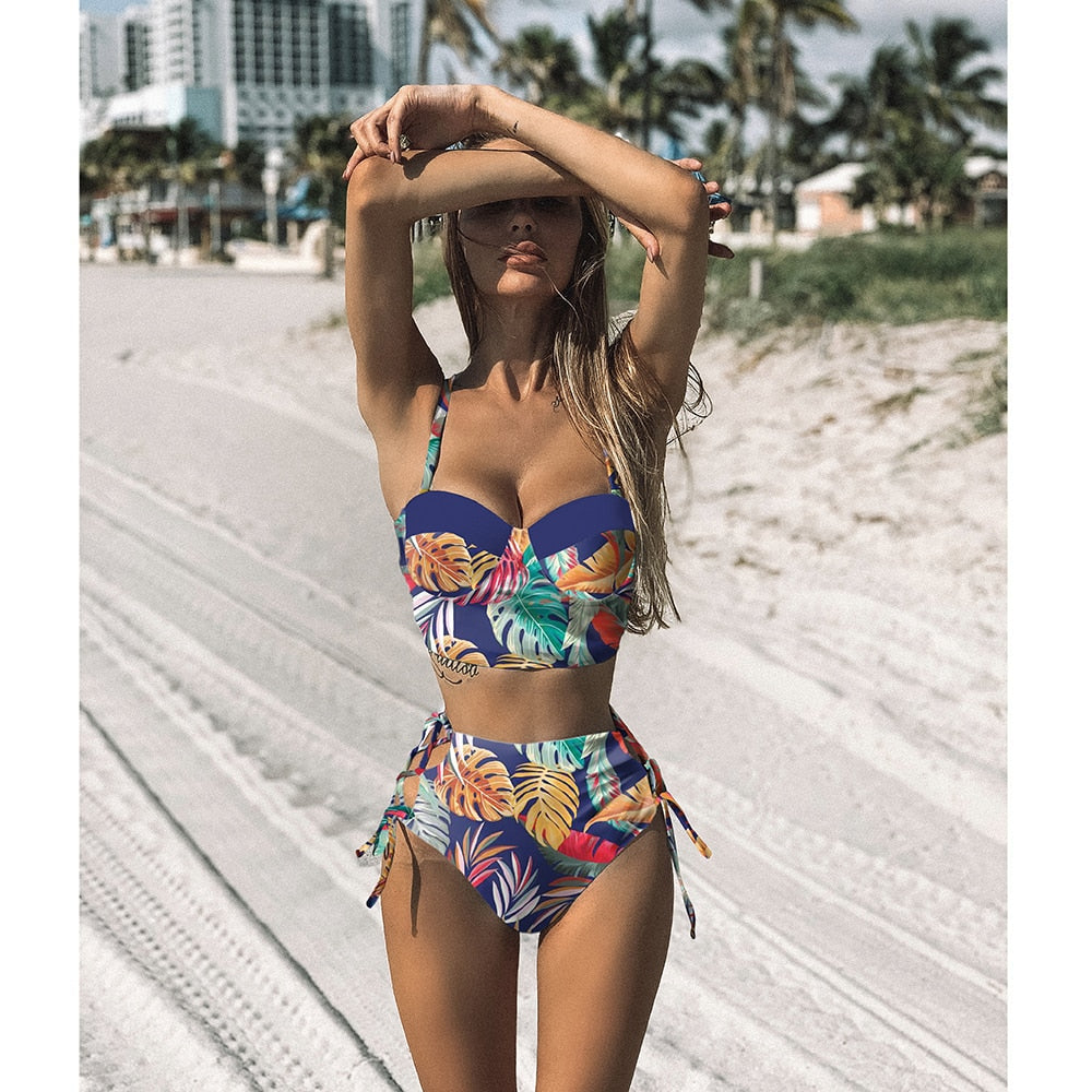 Voguable High Waist Bikini Set 2022 mujer Push Up Bandage Bikini Swimwear Women Floral Two Pieces Swimsuit Strappy biquinitraje de baño voguable