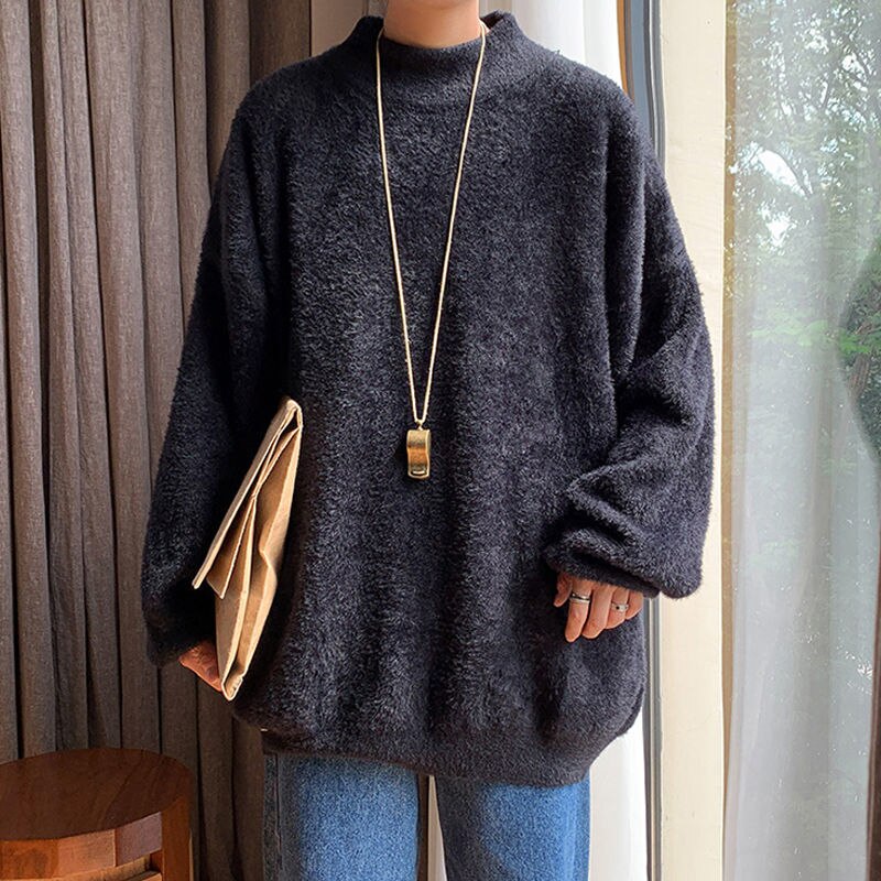 Voguable Autumn and Winter Fleece Men's Sweatshirt Loose Half High Collar Solid Color Trend Korean Wild Warm Lamb Velvet Sweater Men voguable