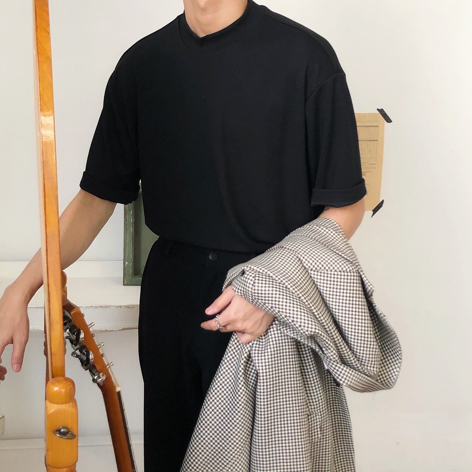 Men's wear  summer fashion Solid Color Turtleneck Short Sleeve Tee for men and women korean style casual tops voguable