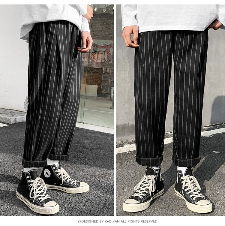 Voguable Korean Striped Harem Pants Men's 2021 Streetwear Man Casual Loose Japanese Men Black Gray Retro Plaid Harajuku Punk Pants voguable