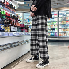 Voguable  Korean Men Plaid Pants Vintage Drawstring Joggers Wide Straight Trousers Man Streetwear Fashion Black White Checkered Pants voguable