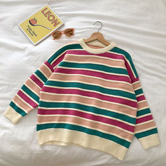Voguable New Women Stripe Sweater Autumn Winter Loose Long Sleeve Pullover Tops Korean Ladies Knitted Patchwork Korean Sweaters voguable