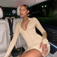 Voguable   2022 Solid Pleated Polo Neck Long Sleeves Mini Dress Summer Autumn Women Fashion Streetwear Y2K Elegant Wear voguable