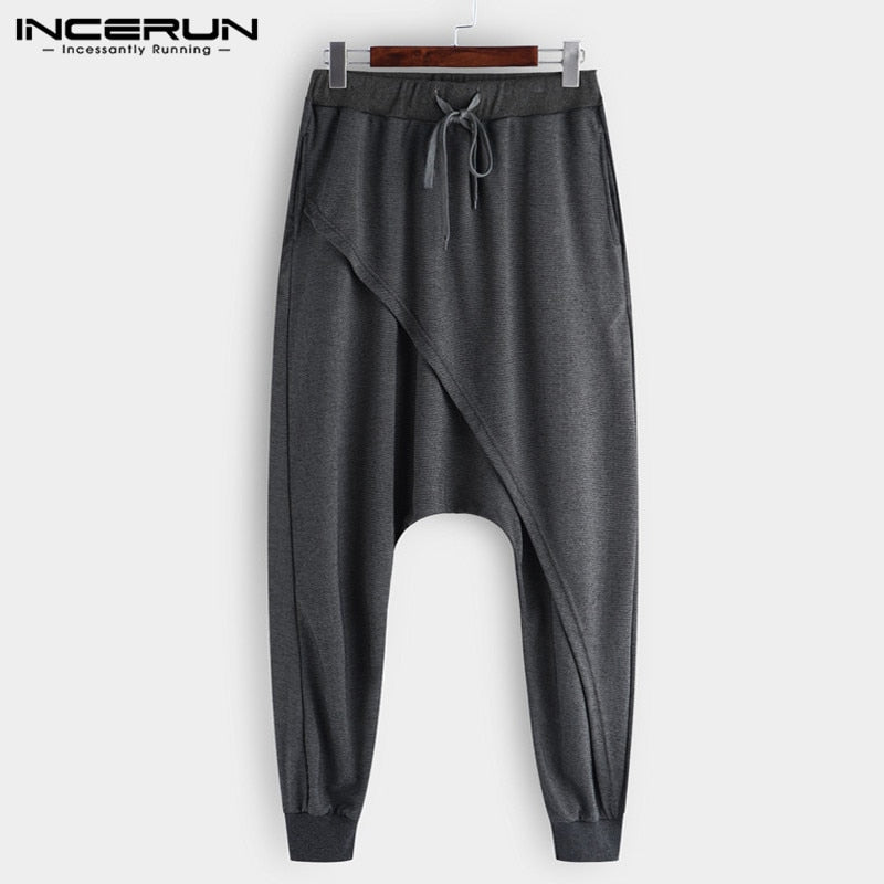INCERUN 2022 Men Harem Pants Elastic Waist Streetwear Drop-crotch Trousers Men Baggy Fashion Punk Style Joggers Casual Pants 5XL voguable