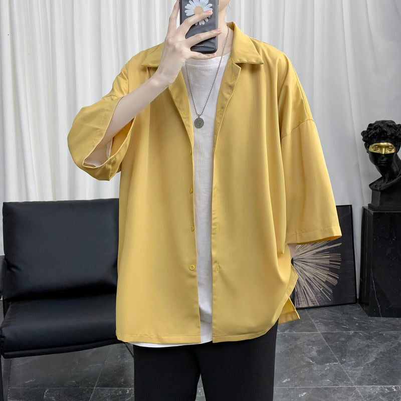 Voguable 2022  Summer Men Shirt Short Sleeve Solid Color Shirts For Man Vintage Harajuku Casual Oversized Blouses Fashion Men's Clothing voguable