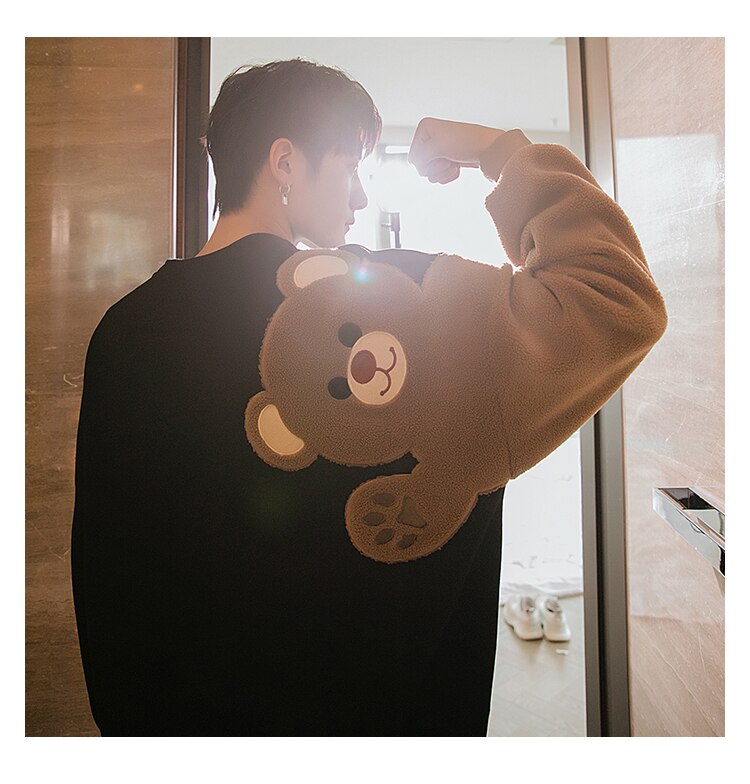 Voguable Plus Velvet Thick Autumn And Winter Round Neck Long-Sleeved Lamb Hair Embroidery Flocking Comic Bear Loose Lazy Style Sweatshirt voguable