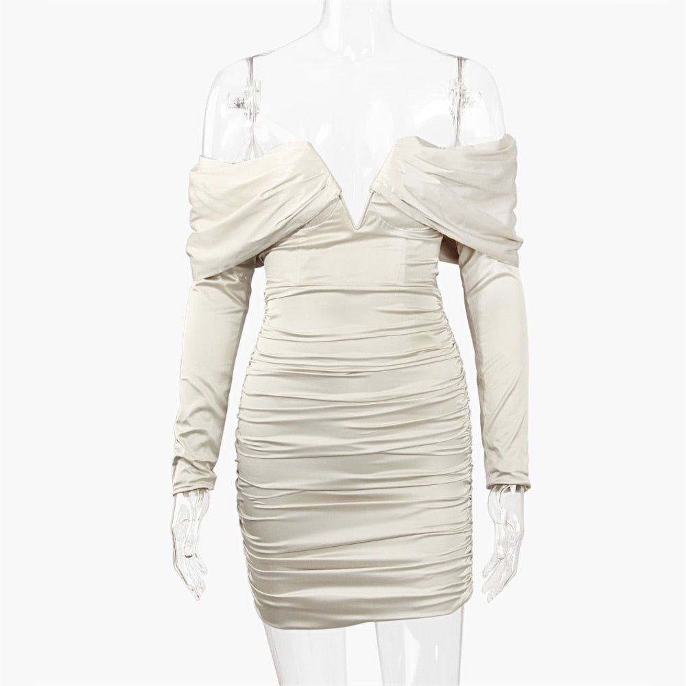 Bardot Long Sleeve Ruched Satin Mini DressSexy V Neck Solid Women Outfits Celebrity Party Club Wear Off Shoulder Dress voguable