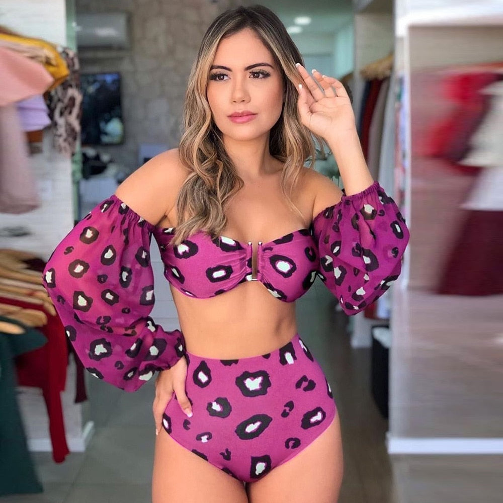 Voguable High Waist Bikini 2022 New Long Sleeve Sleeve Swimsuit Off-Shoulder Swimwear Women Bubble Sleeve Bikinis Sexy Mesh Beach Wear voguable