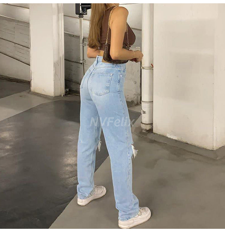 Voguable  Womens Loose Fit Jeans 2022 Ripped Wide Leg For Women High Waist Blue Wash Casual Cotton Denim Trousers Summer Baggy Jean Pants voguable