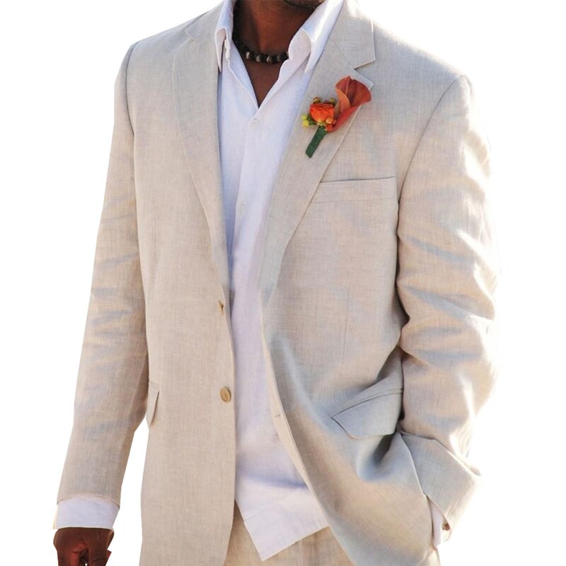 Voguable Beige Linen Men's Suits for Summer Beach Wedding 2 Piece Italian Coat Set Jacket with Pants Bespoke Groom Tuxedos Male Fashion voguable