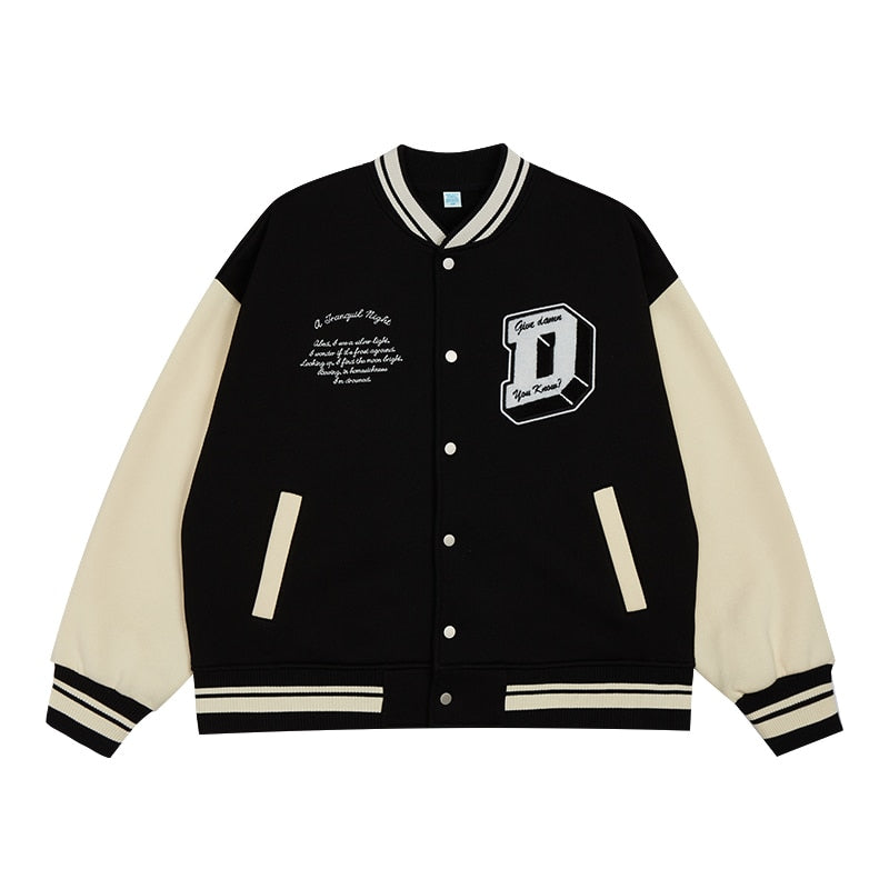 Voguable  Unisex Varsity Jacket Urban Streetwear Vintage Fleece Bomber Jacket with Embroidery Couple Orange Baseball Coat voguable