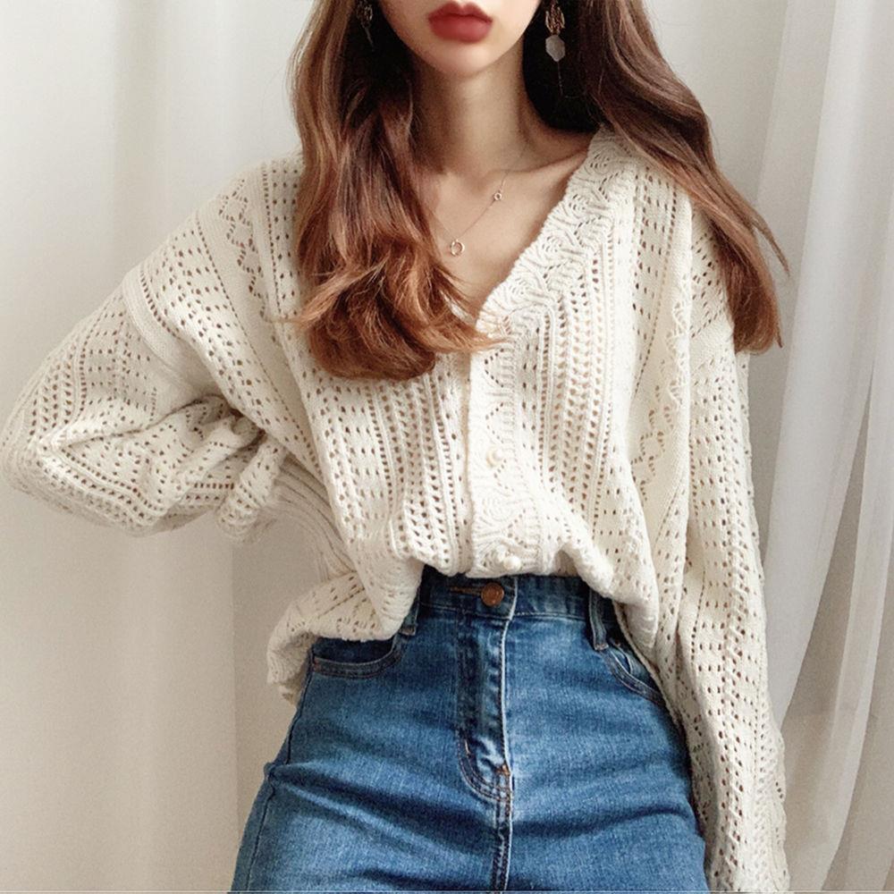 Voguable  Cropped Cardigan Women Spring Chic Hollow Out Elegant V-Neck Korean Vintage Femme Jumper White Sweet Girls Pearls Lady Knitwear voguable