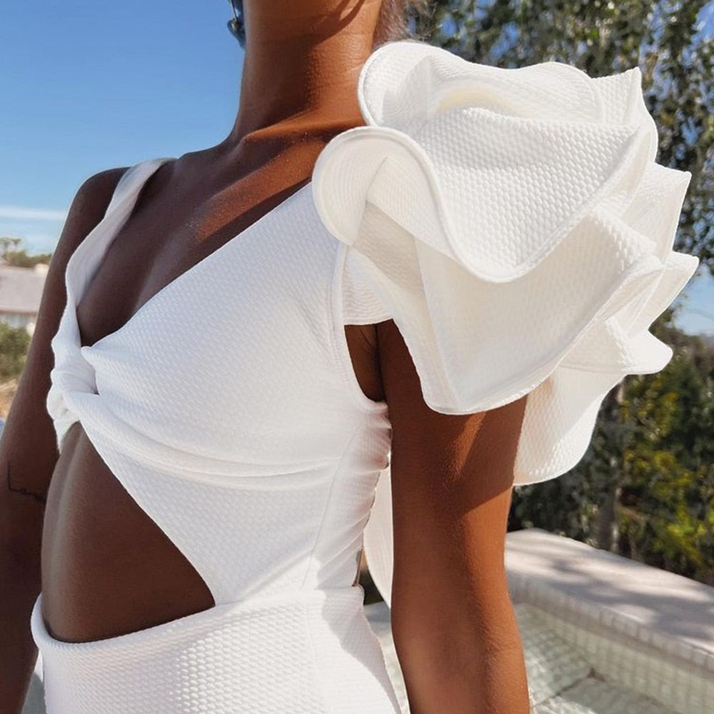 Voguable 2022 New Sexy Ruffle Solid White One Piece Strappy One Shoulder Swimwear Women Swimsuit Bathing Suit Backless Beach Wear Monkini voguable