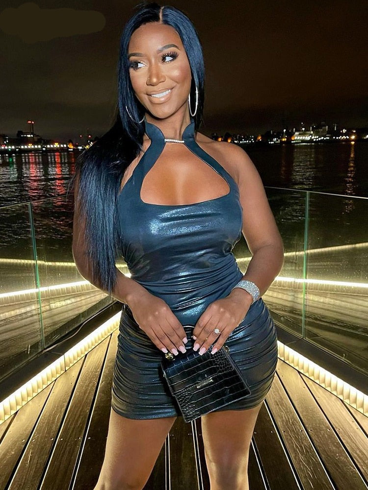 Voguable Pu Leather Solid Halter Sleeveless Masonry Draped Backless Mini Dress 2022 Spring Slim Elegant Street Party Outfits Y2K voguable