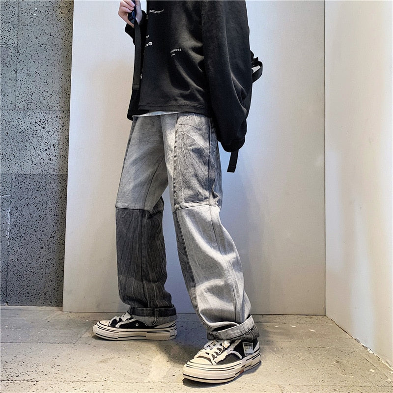 Voguable Korean Style Fashion Men's Denim Wide-leg Pants 2021 New Autumn Loose Straight-leg Jeans Paneled Denim Trousers Male voguable