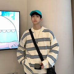 Voguable Striped Sweater Men Round Neck Winter Pullover Sweater Korean Fashion Harajuku Loose Wild Long Sleeve Sweater Oversize voguable