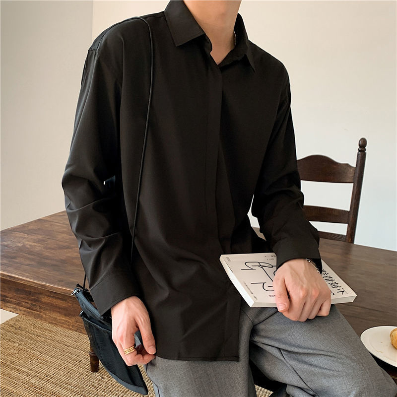 Voguable Korean Fashion New Drape Shirts for Men Solid Color Long Sleeve Ice Silk Smart Casual Comfortable Button Up Shirt voguable