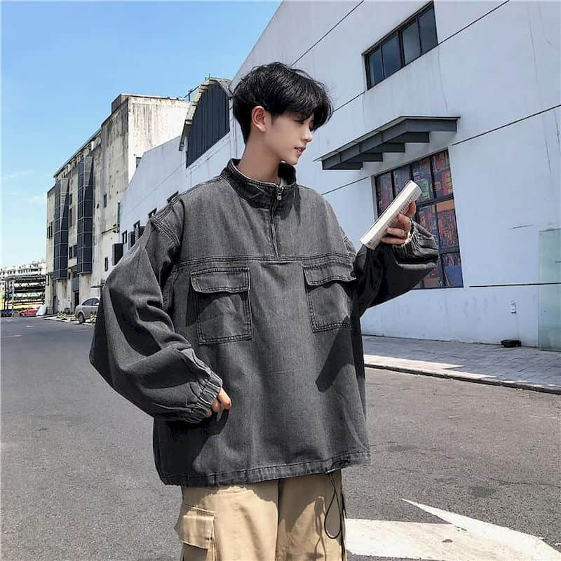 Washed Cargo denim shirt men's Hong Kong style stand-up collar jacket Korean spring autumn trend Techwear tops punk streetwear voguable