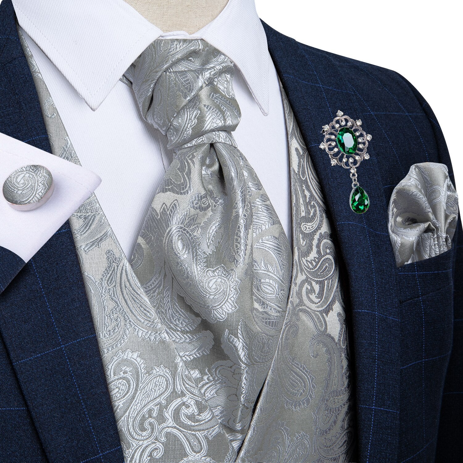 Voguable Men Suit Vest silver Paisley Floral Silk Wedding Waistcoat Men Ascot Tie Pocket Square Necktie Ring Sleeveless Jacket DiBanGu voguable