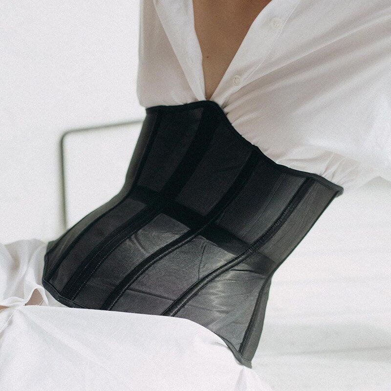 Fashion Women Mesh Corset Top Short Waist Belt Sexy Solid Color Bodycon Waspie Belts Chic New Lady Bustiers Tops Female Vest voguable