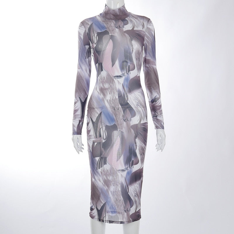 Voguable  2022 Long Sleeve Turtleneck Y2K Print Mesh Skinny Maxi Dress Spring Summer Women Fashion Streetwear Casual Clothing voguable